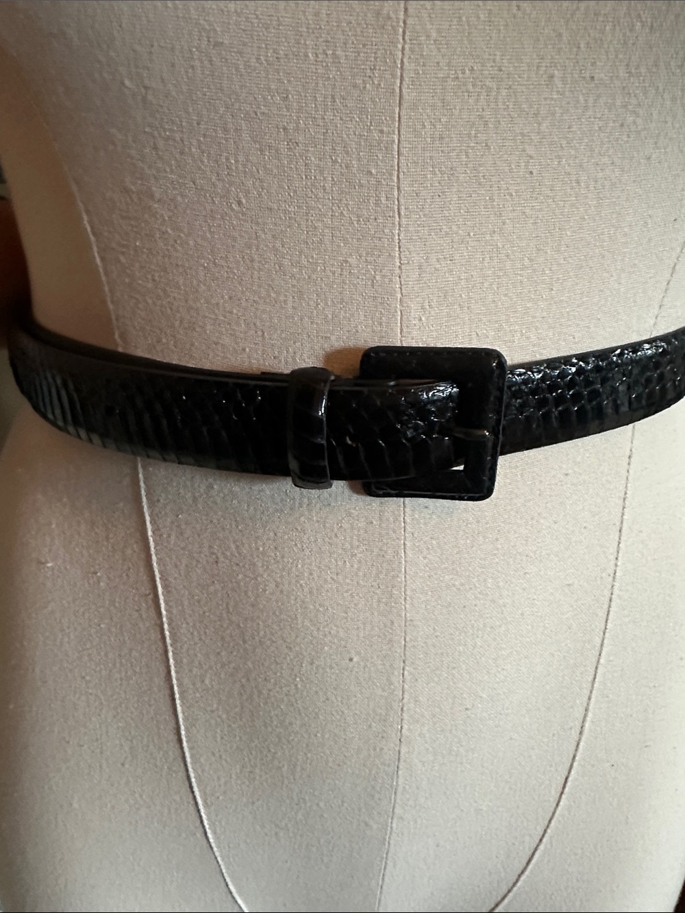 Marina Rinaldi Black Gloss Faux-Snake Leather Belt with Covered Buckle